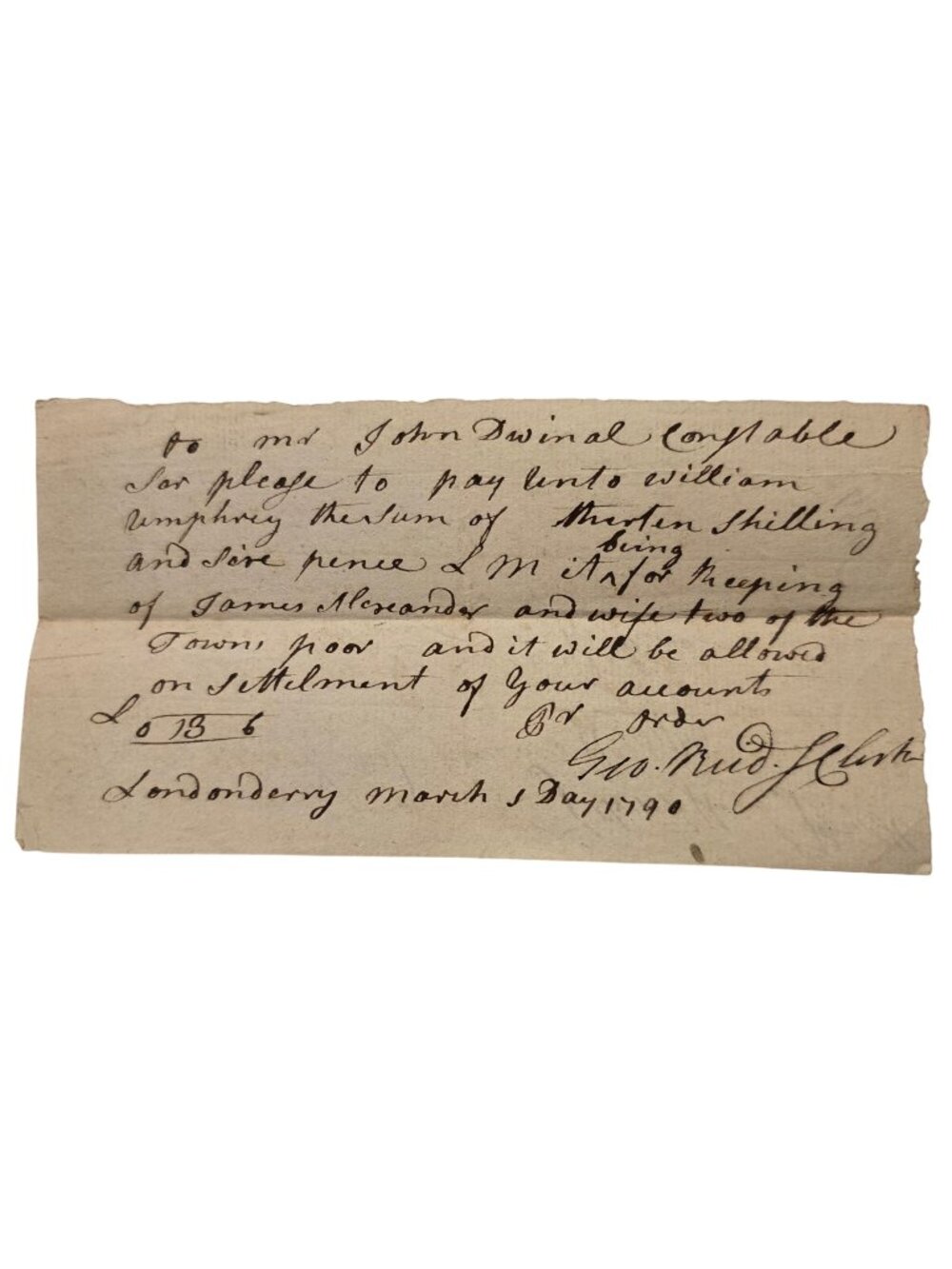 Signed 1790 Londonderry NH Municipal Pay Order Manuscript to Geo. Reid, Clerk
